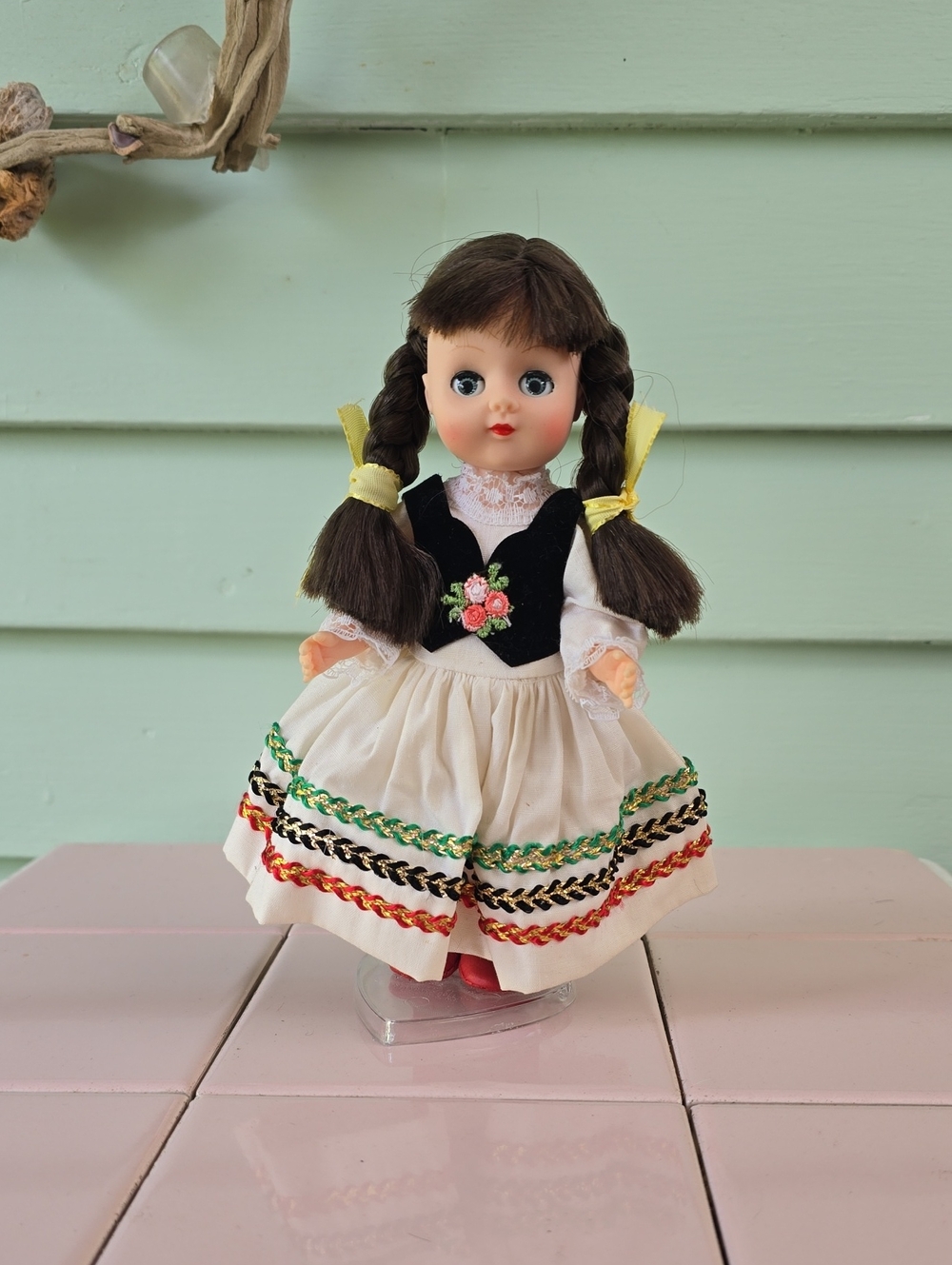 Classic Braided-Hair Doll in White Dress with Yellow Ribbons